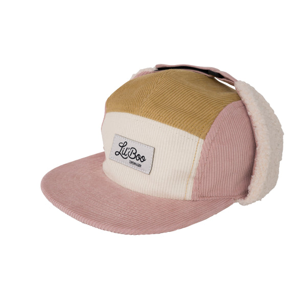 Block Corduroy 5 Panel w. ears - Pink/brown