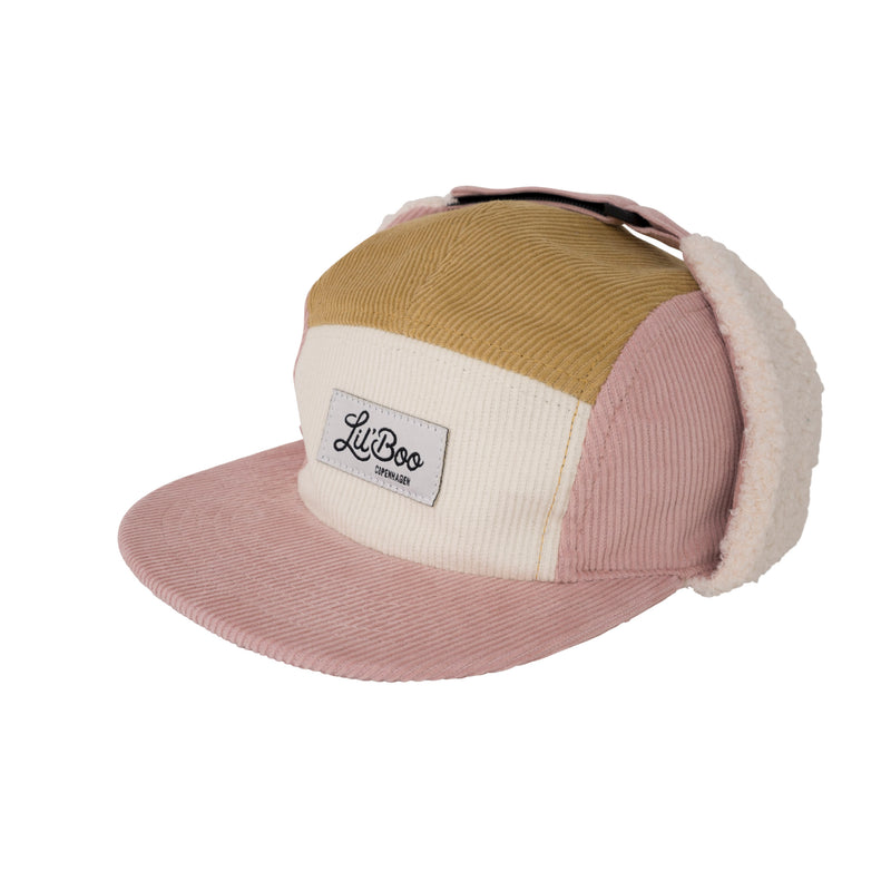 Block Corduroy 5 Panel w. ears - Pink/brown