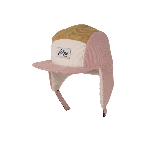 Block Corduroy 5 Panel w. ears - Pink/brown