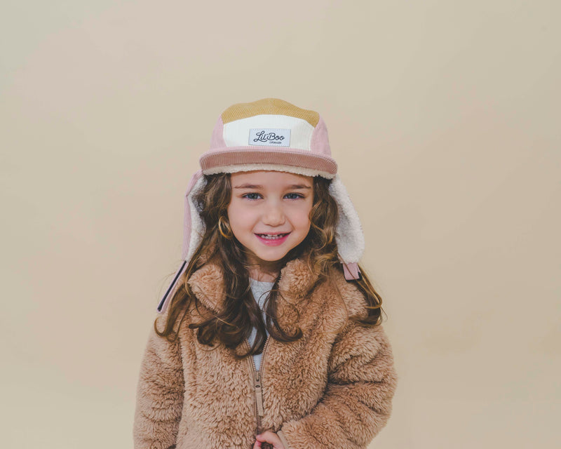 Block Corduroy 5 Panel w. ears - Pink/brown